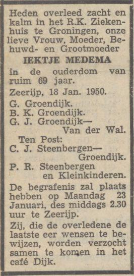overlijdensadvertentie iektje medema on 18 Jan 1950.